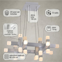 Lampara Colgante LED Cuadrada Plata Luminiere — 72W 20 Luces Control Remoto
